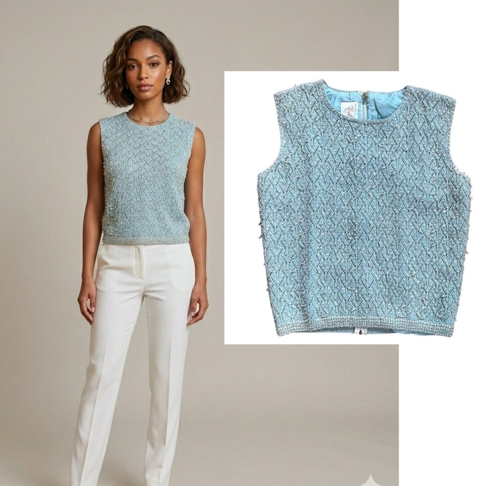 Vintage Nat Allen Hollywood Hand Beaded Sequin Knit Top Aqua Blue Size Small